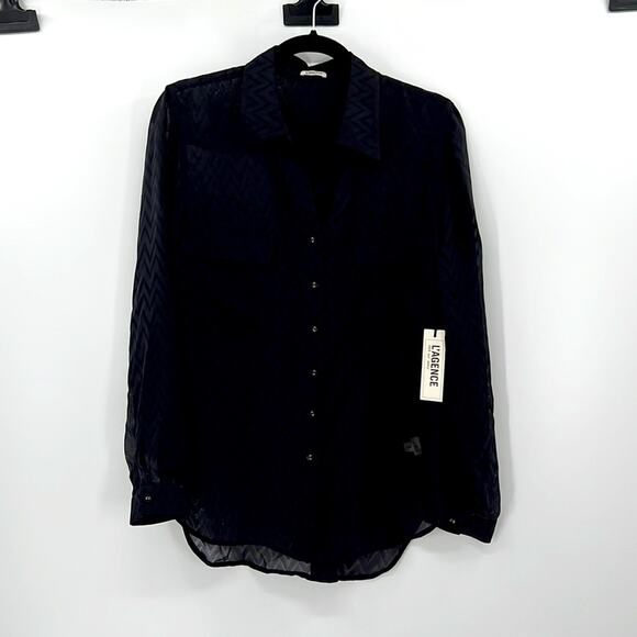 L'AGENCE Semi-Sheer Chevron Long Sleeve Button Down - Black - 4 - New with tags - Picture 1 of 9